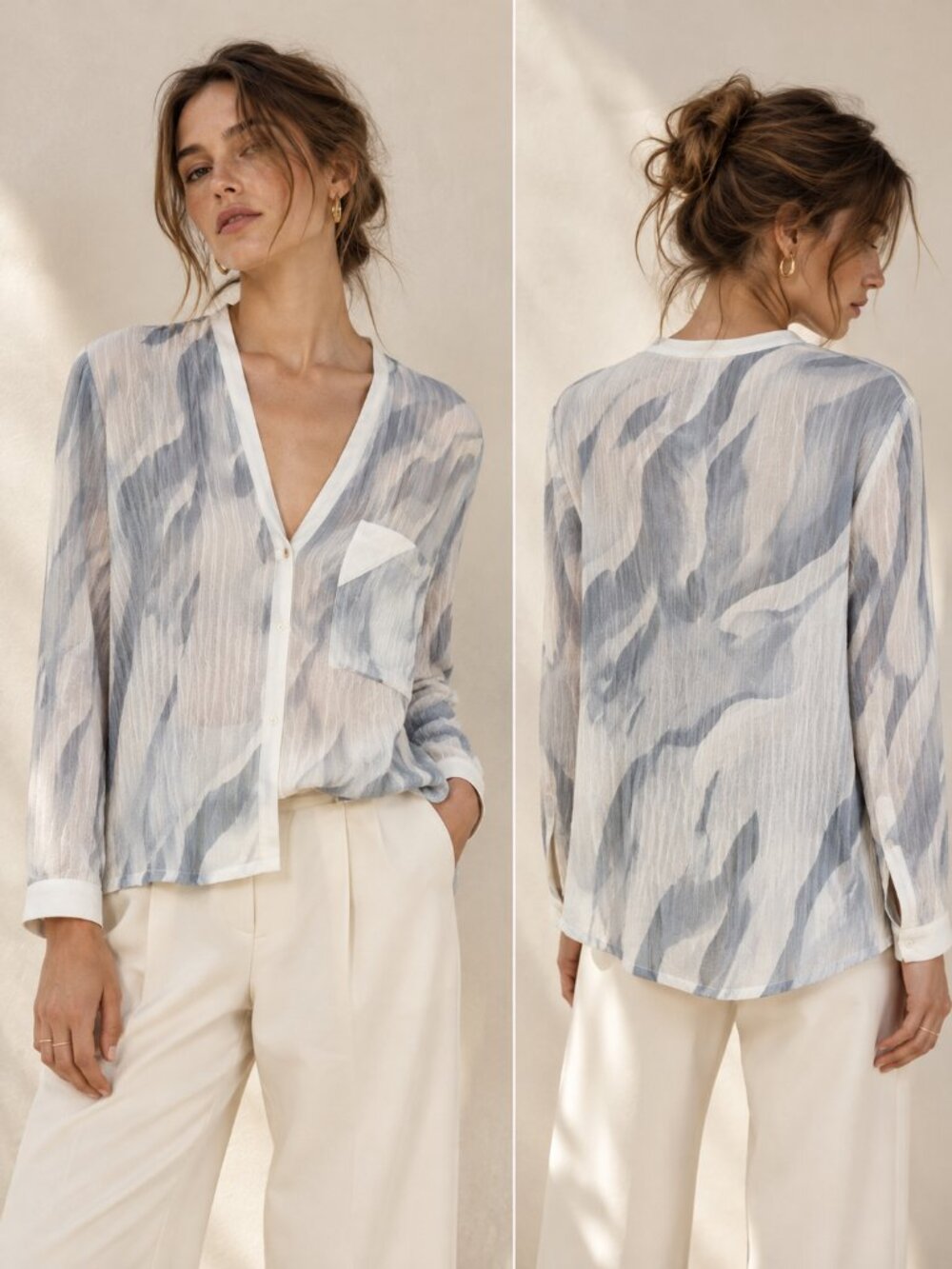 HELMUT LANG Mars Print Silk Blouse Abstract V Neck Button Front Artsy Chic XS